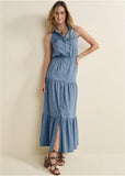 Chambray Tiered Maxi Dress Medium Wash