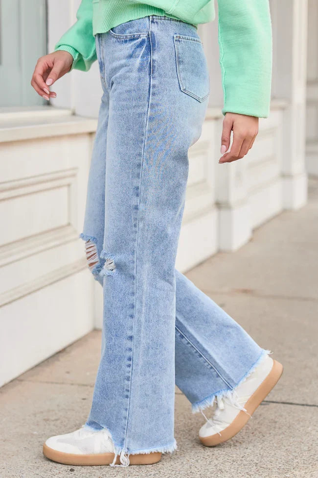 Ariel Light Wash Distressed Wide Leg Jeans