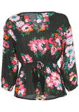 Tie Waist Blouson Top Black Crisp Bouquet