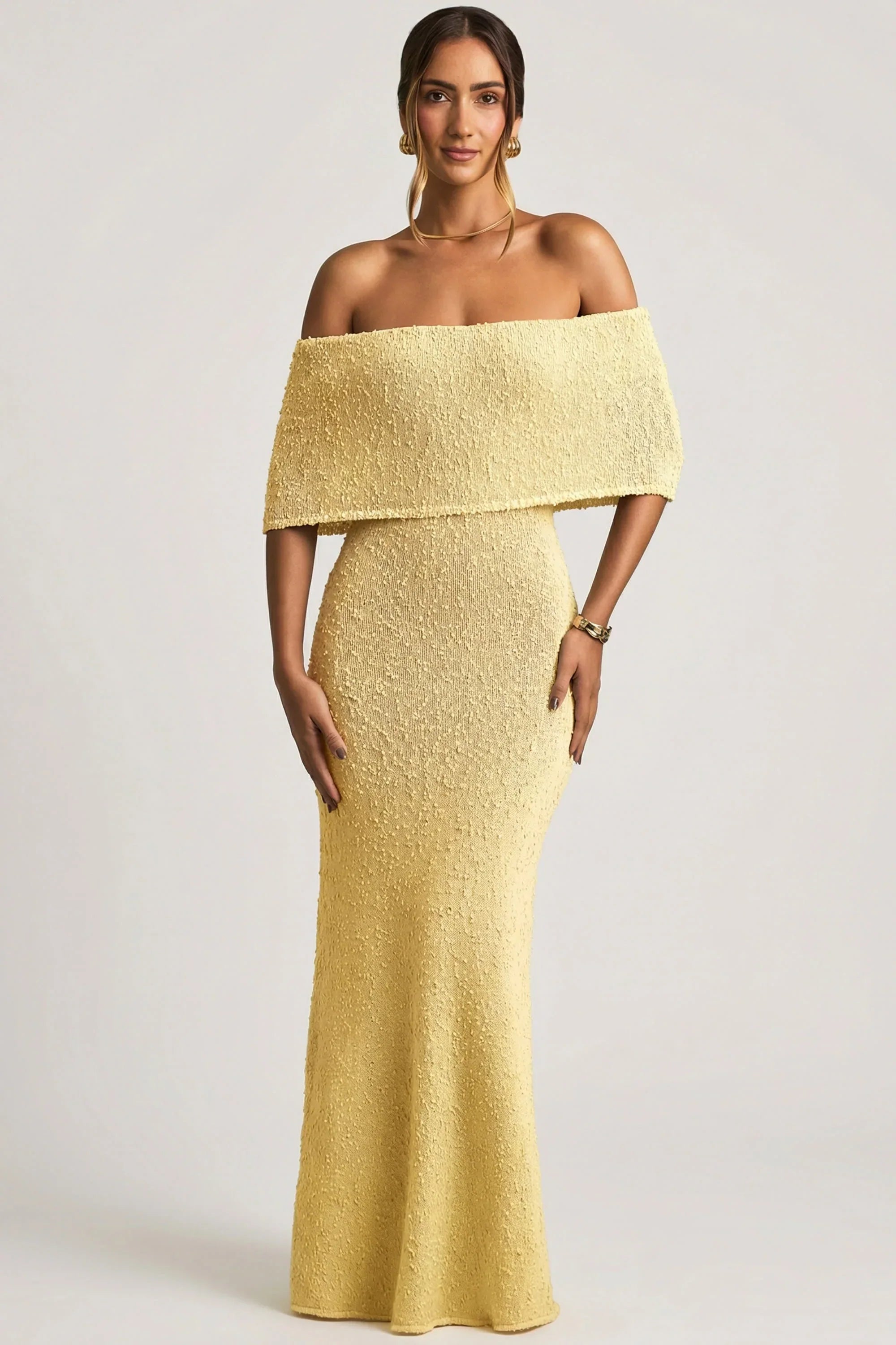 Bouclé Off Shoulder Maxi Dress in Yellow