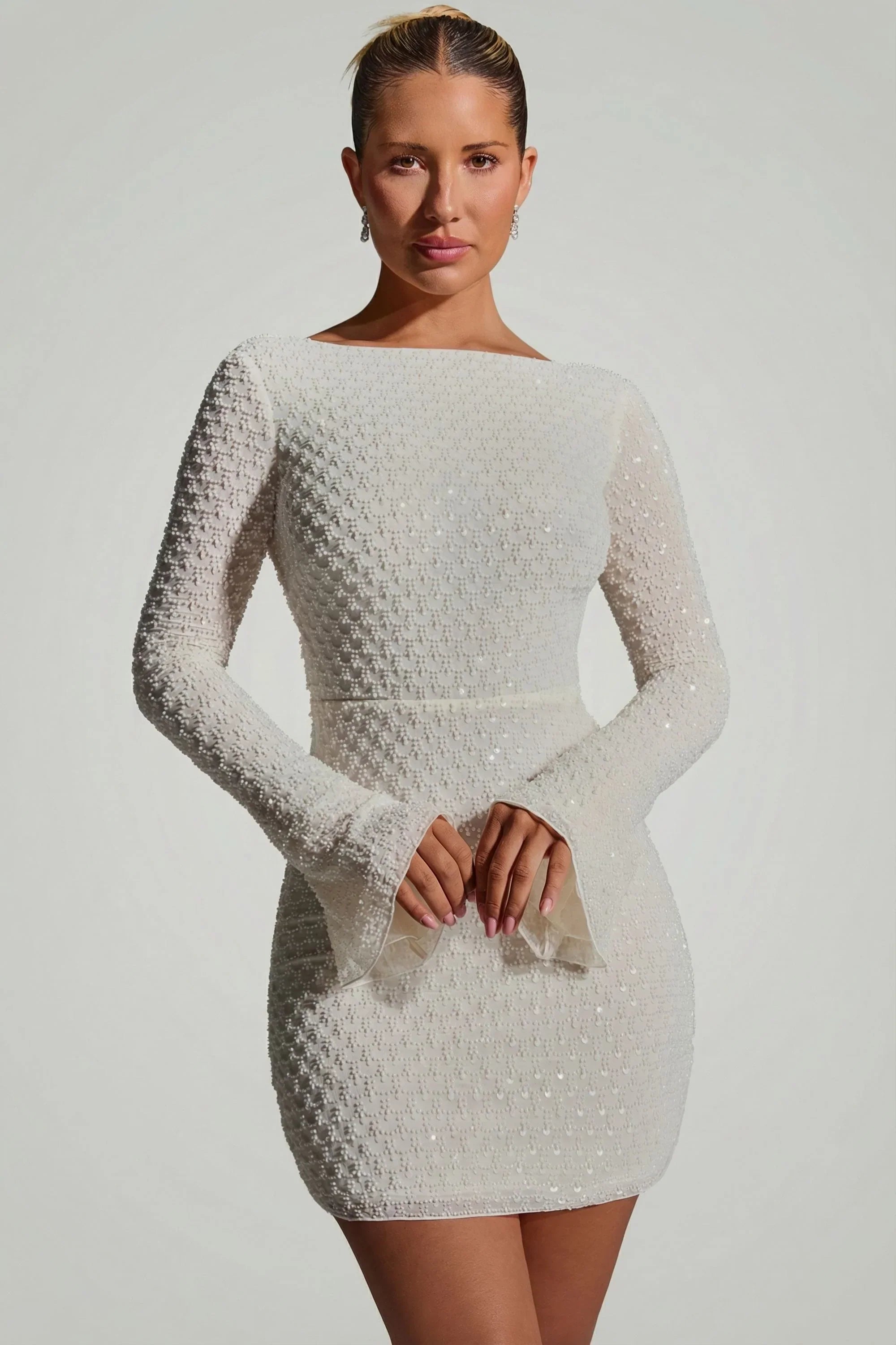 Embellished Open Back A Line Mini Dress in White