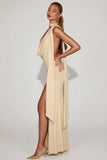 Soft Jersey Plunge Halterneck Maxi Dress in Champagne