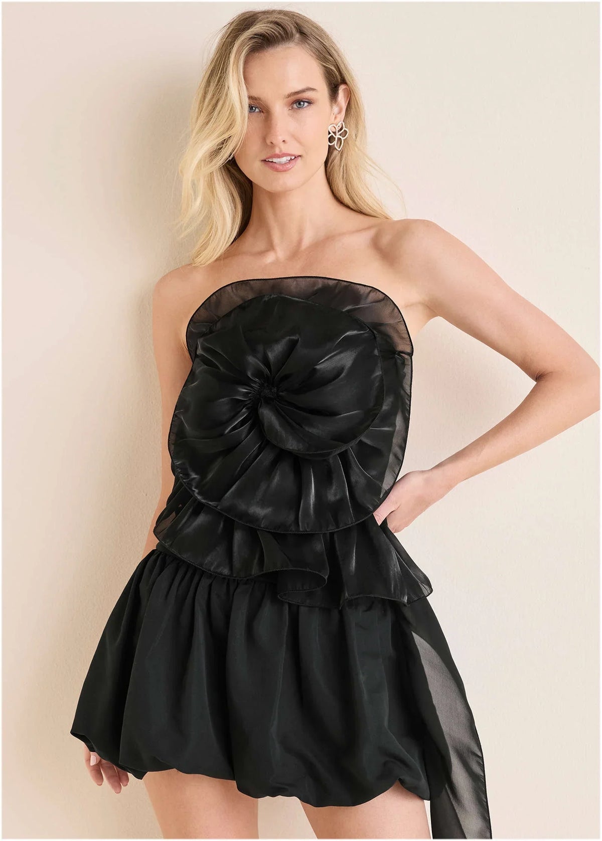Rosette Bubble Mini Dress Jet Black