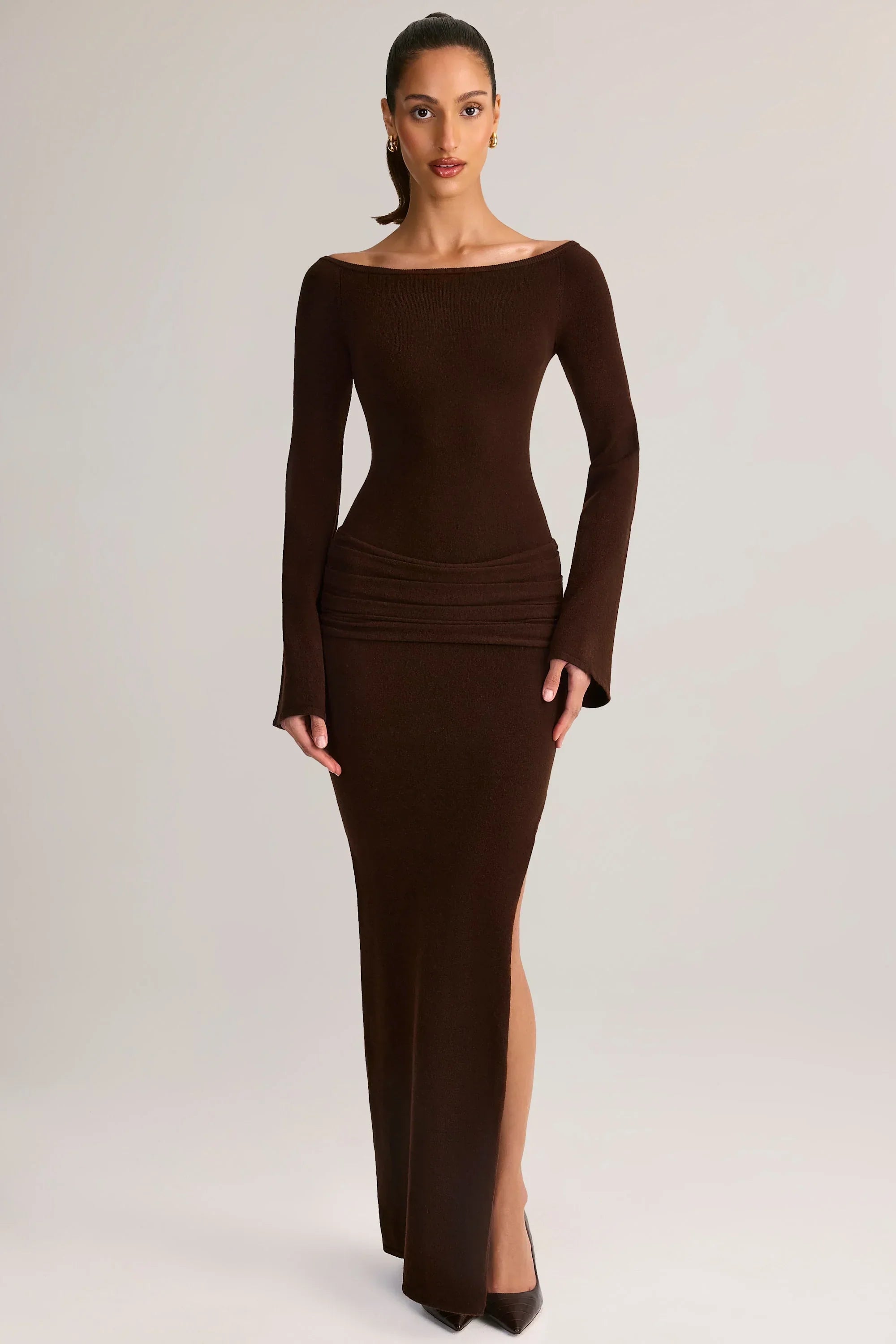 Rib Knit Boat Neck Long Sleeve Maxi Dress in Chocolate Brown