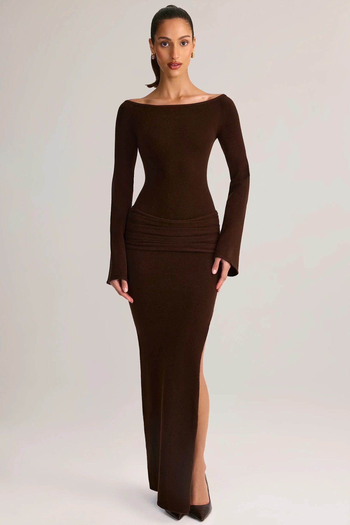 Rib Knit Boat Neck Long Sleeve Maxi Dress in Chocolate Brown