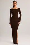 Rib Knit Boat Neck Long Sleeve Maxi Dress in Chocolate Brown