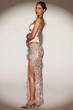 Embellished Mid Rise Thigh Split Maxi Skirt in Rose Gold