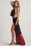 Mid Rise Split Maxi Skirt in Red Blurred Print
