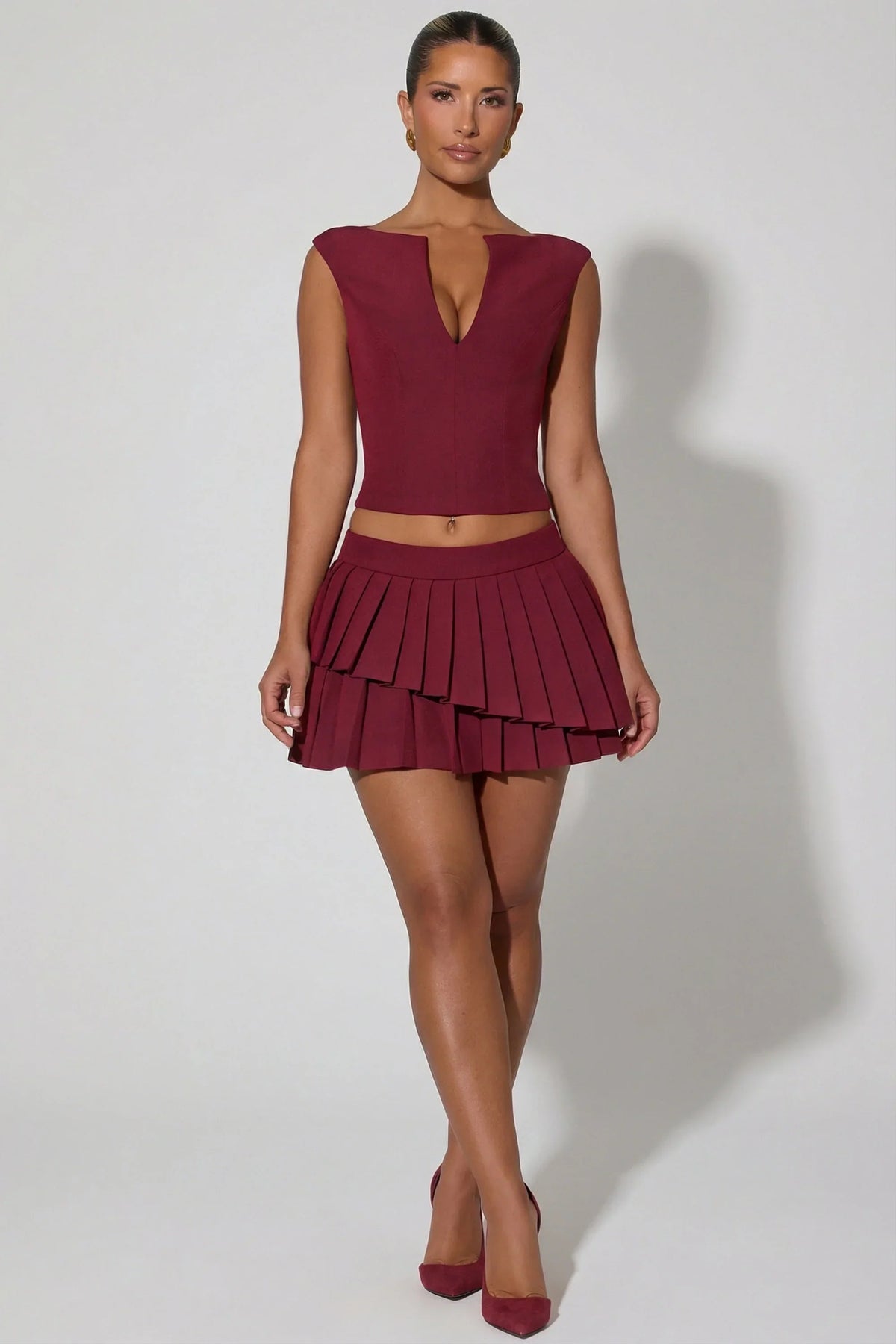 Layered Pleated Low Rise Mini Skirt in Wine Red