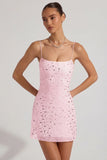 Sheer Embellished Square Neck Mini Dress in Pink