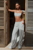 Textured Cotton Button Low Rise Wide Leg Joggers in Light Grey