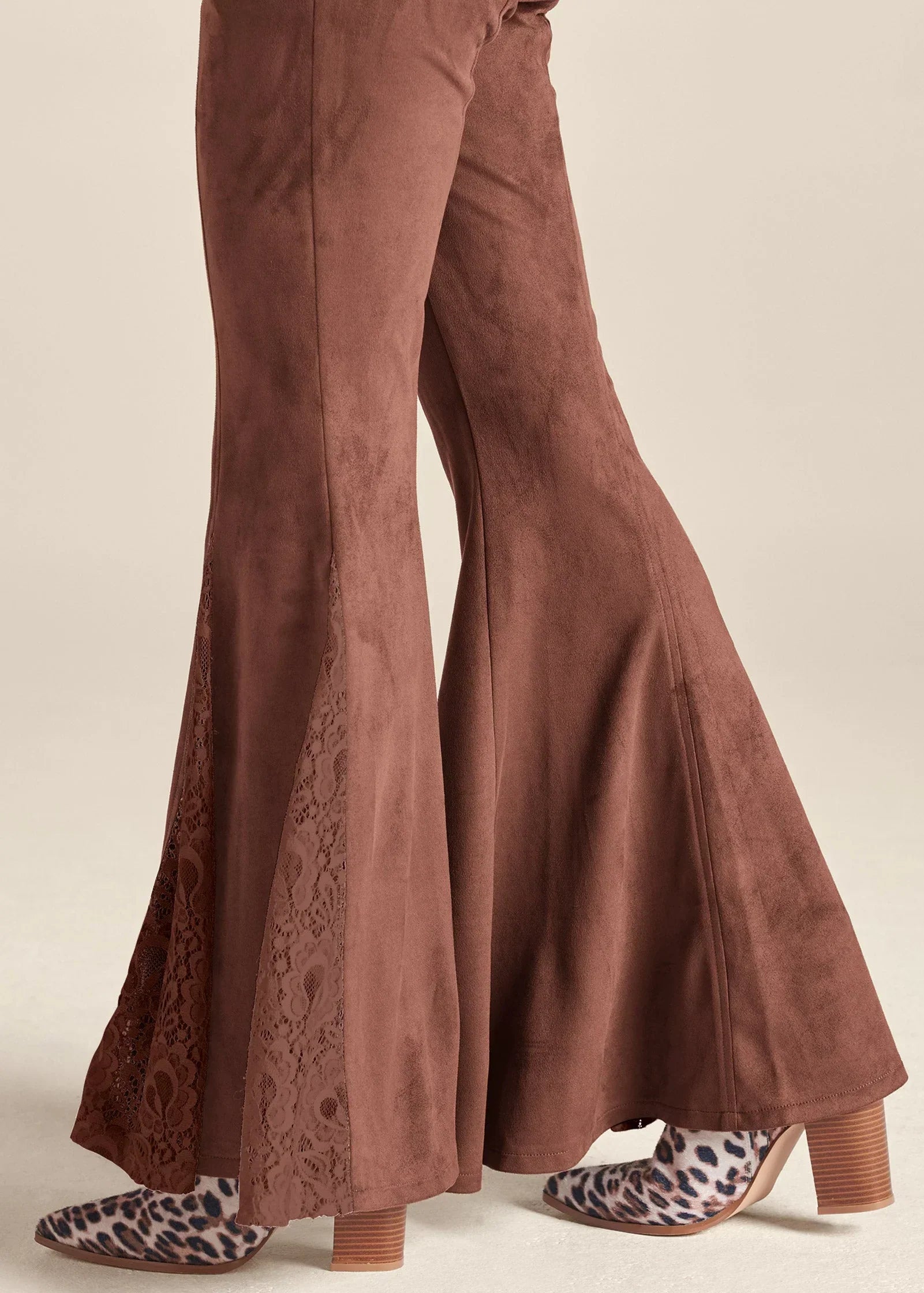 Faux Suede Flare Pants Brown Multi