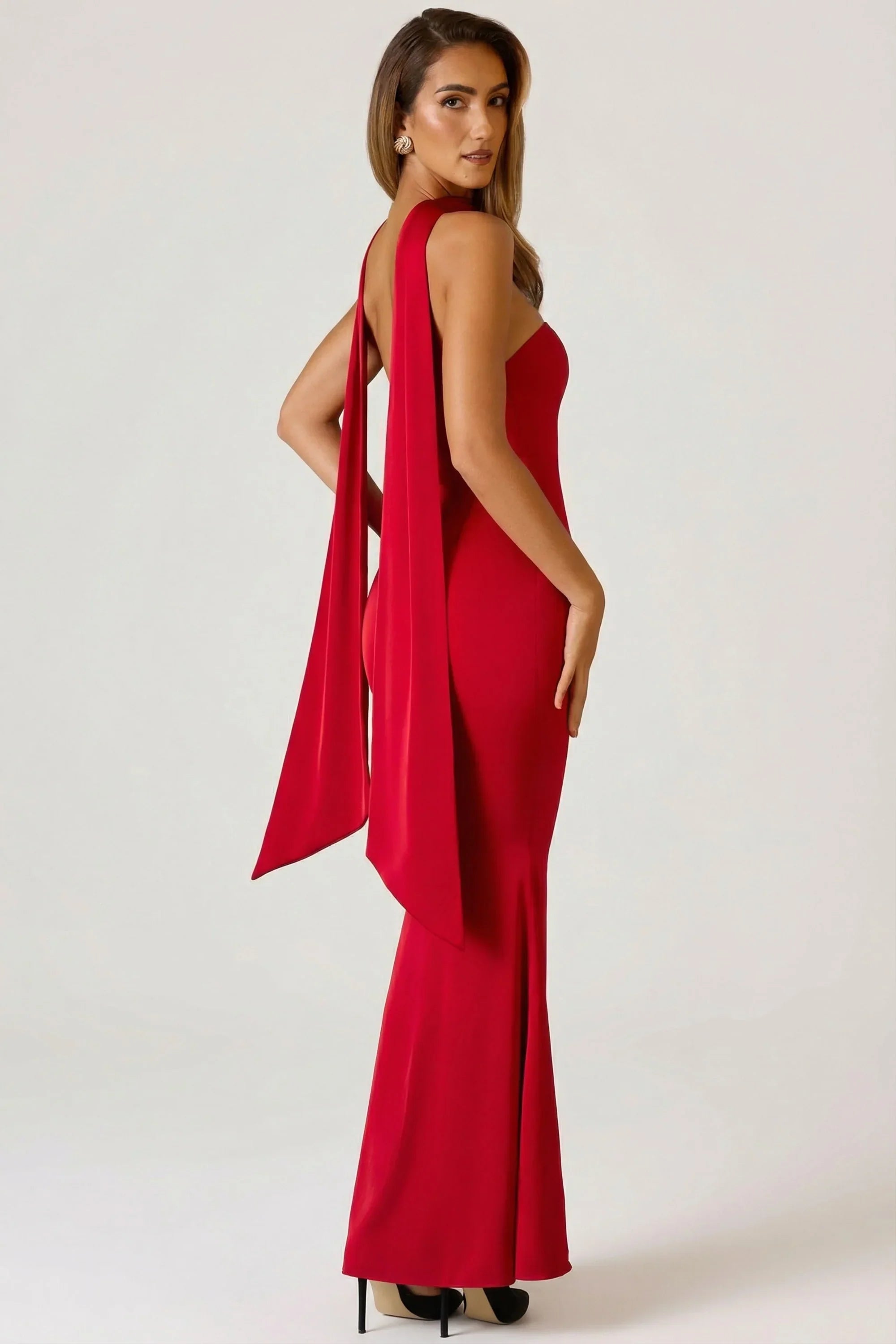 Scarf Detail Strapless Gown in Scarlet Red