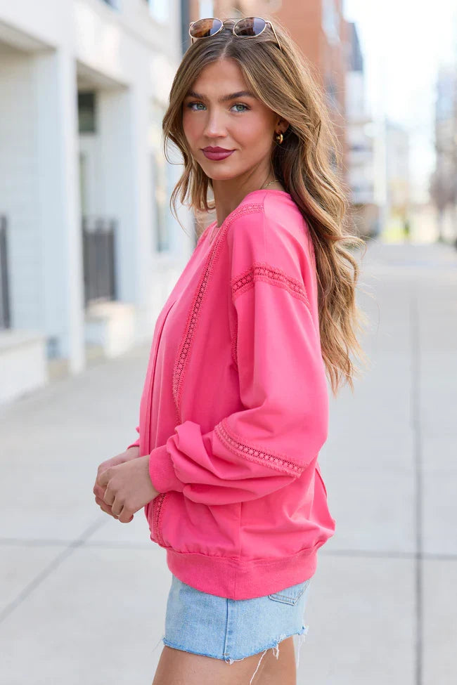 Sadie Hot Pink Eyelet Trim Pullover