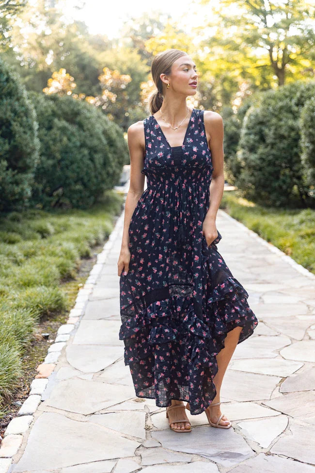 Lucky To Have You Sleeveless Black Floral Maxi Dress FINAL SALE