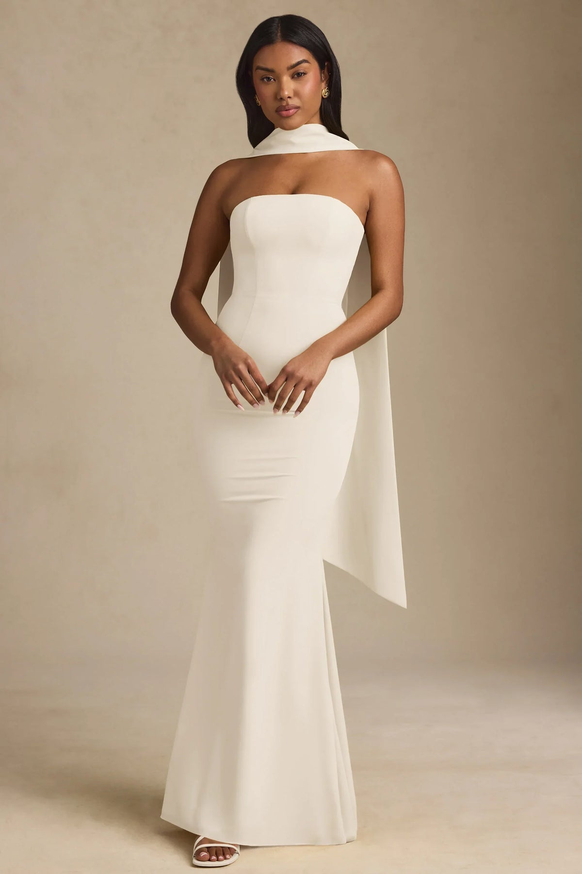 Scarf Detail Strapless Gown in Ivory