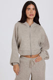 Soft Knit Zip Up Cropped Hoodie in Beige