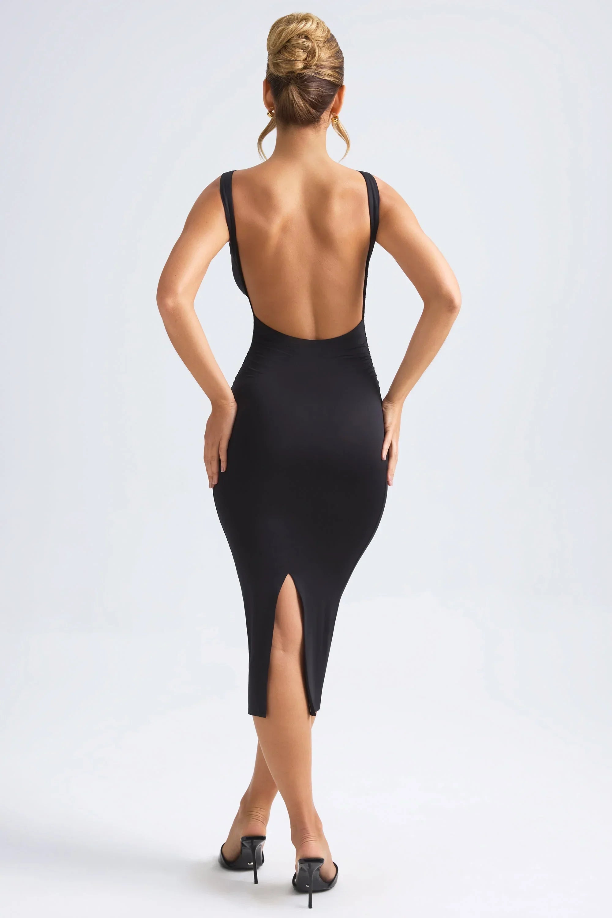 Ruched Open Back Midaxi Dress in Black