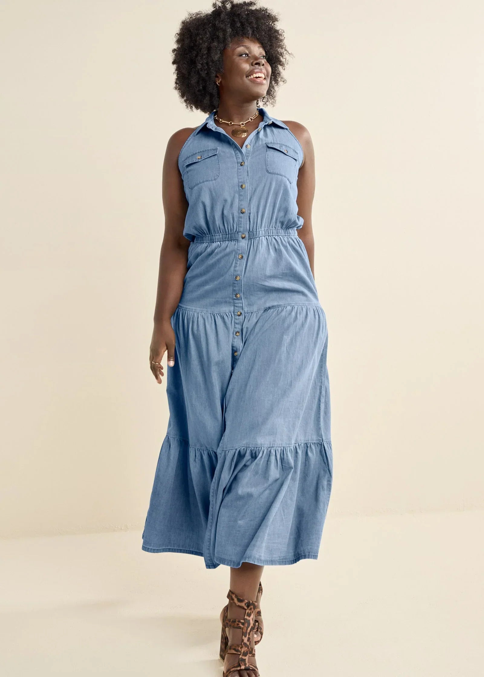 Chambray Tiered Maxi Dress Medium Wash
