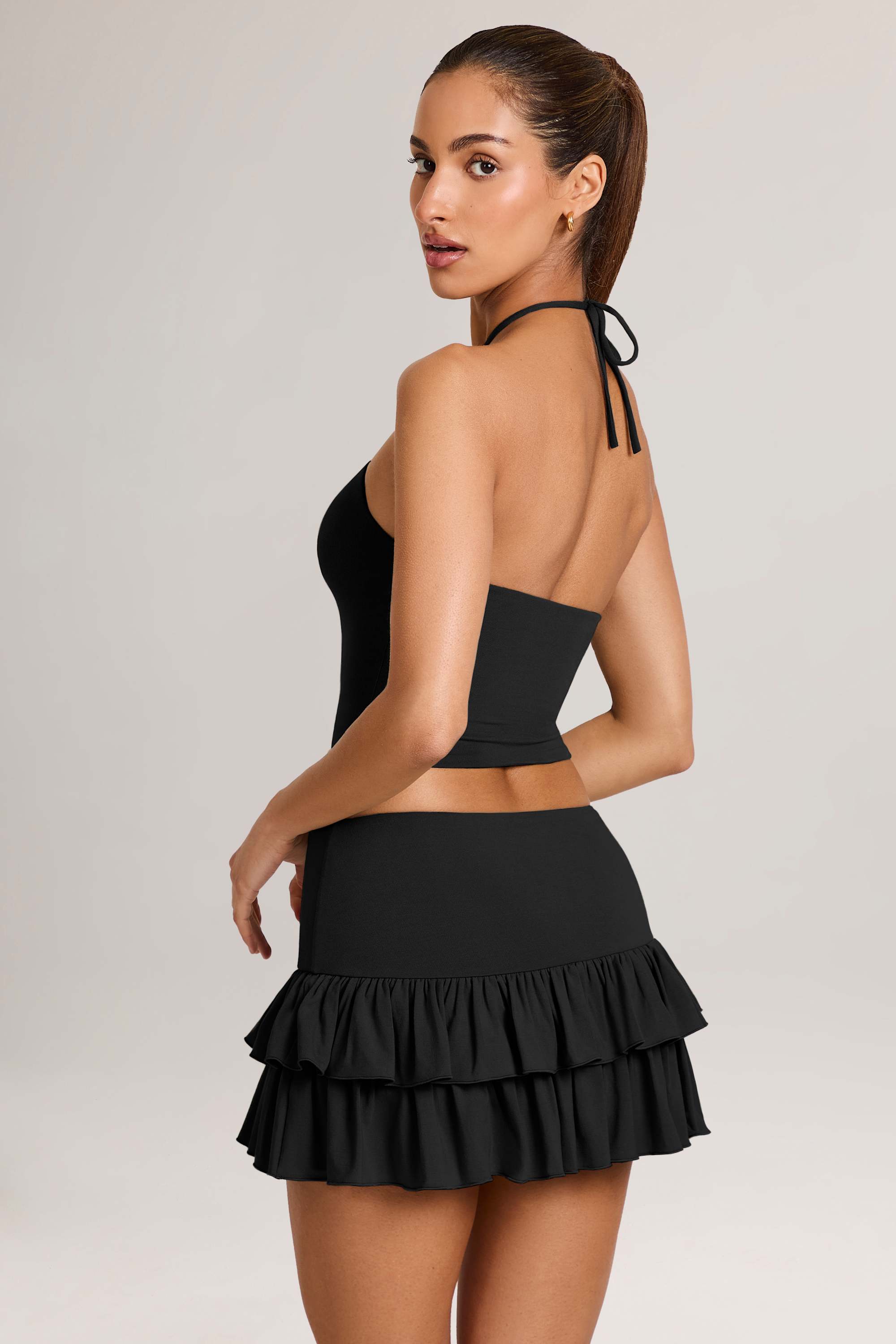 Modal Ruffle Mid Rise Mini Skort in Black