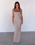 SLOANE MAXI DRESS TAN AND CHOC STRIPE