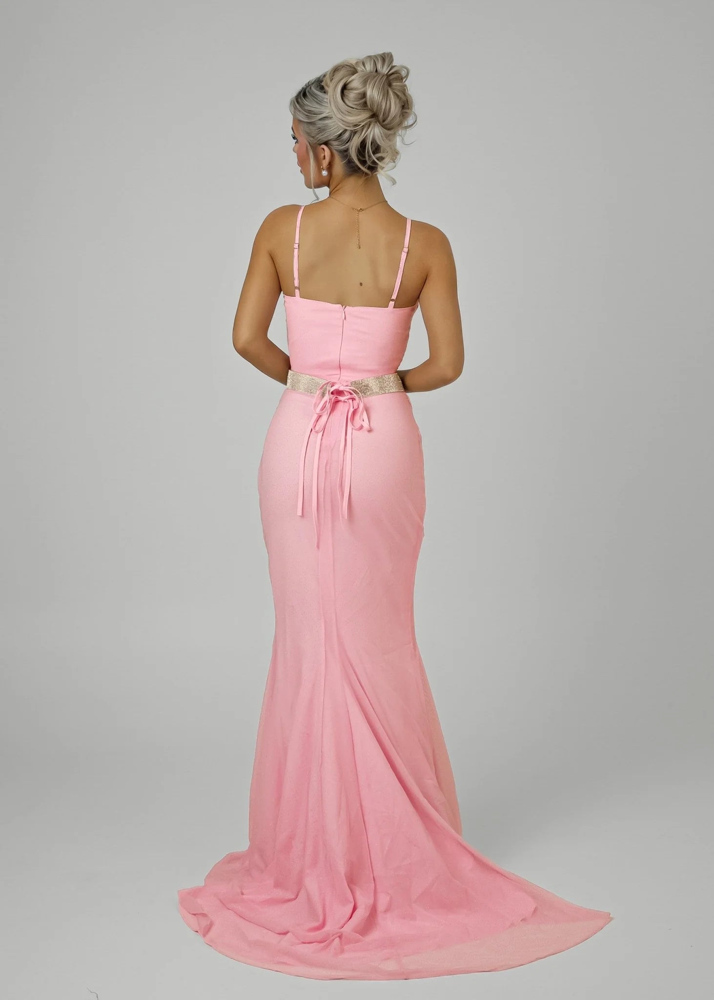 Secret Love Glitter Mesh Gown with Diamante Belt Pink