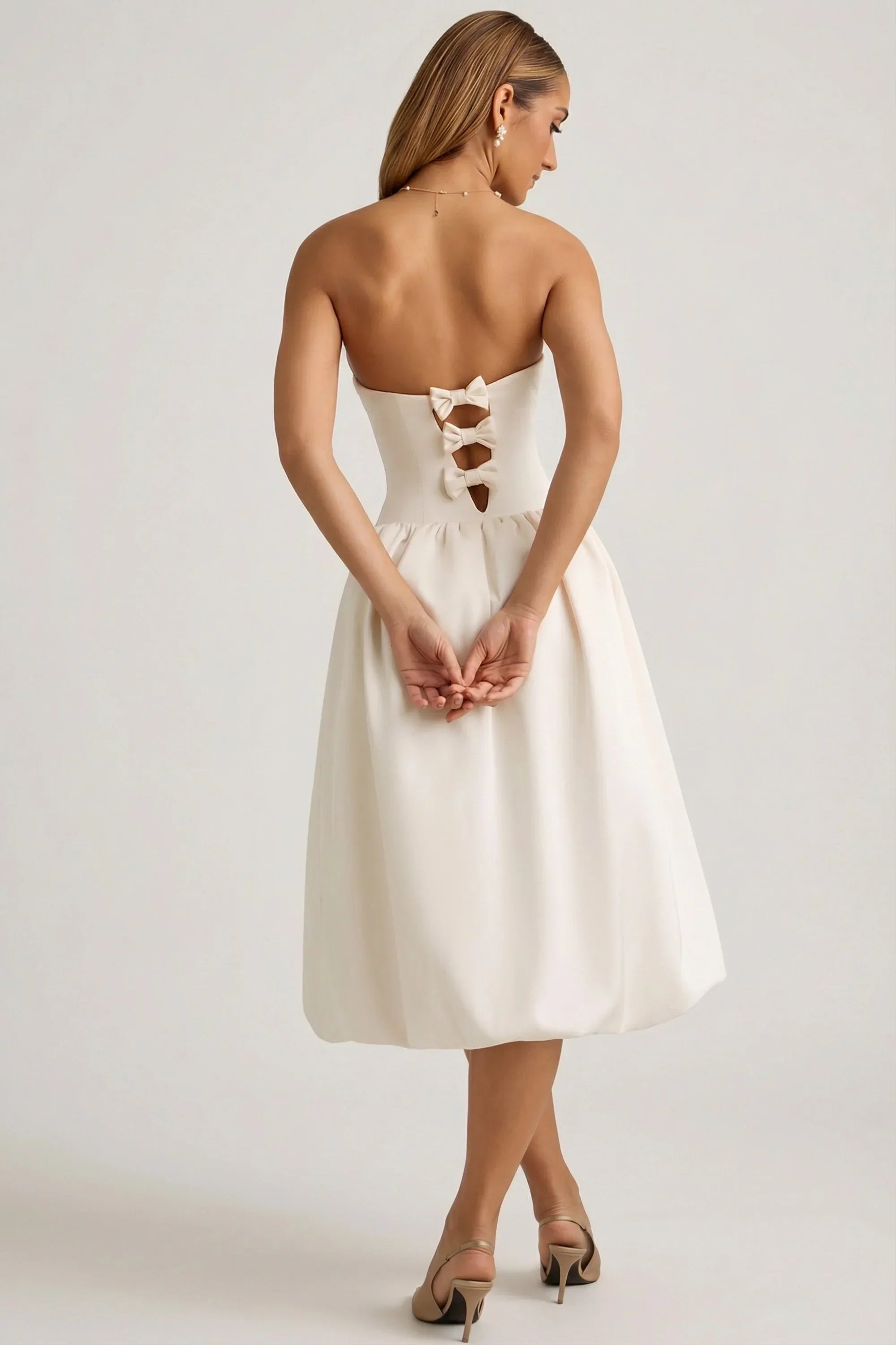 Convertible Bow Detail Bubble Hem Midaxi Dress in Ivory