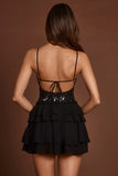 Embellished Lace Up Ruffle Mini Dress in Black Zebra