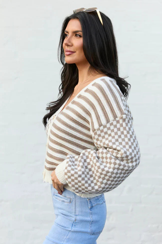 Samara Checkered And Stripes Brown And Cream Cardigan SALE