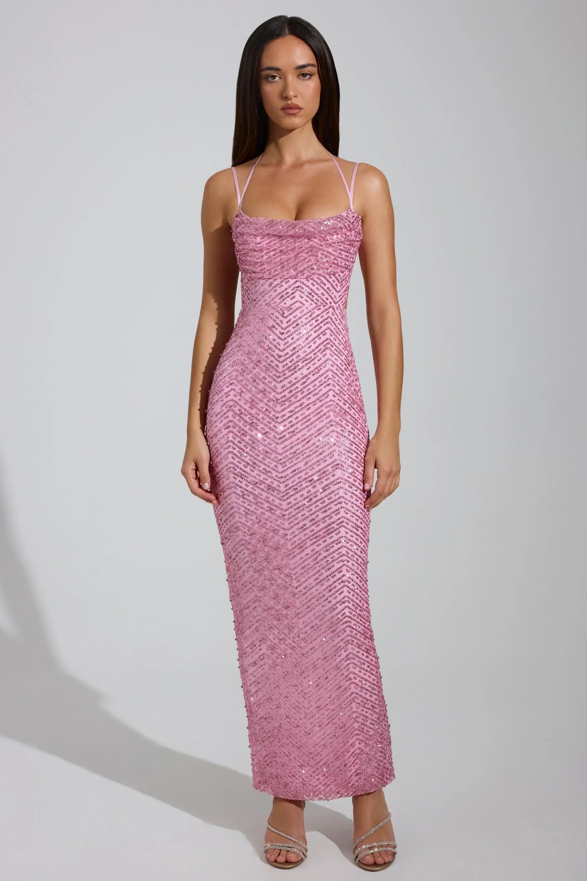Embellished Cowl Neck Maxi Dress in Pink