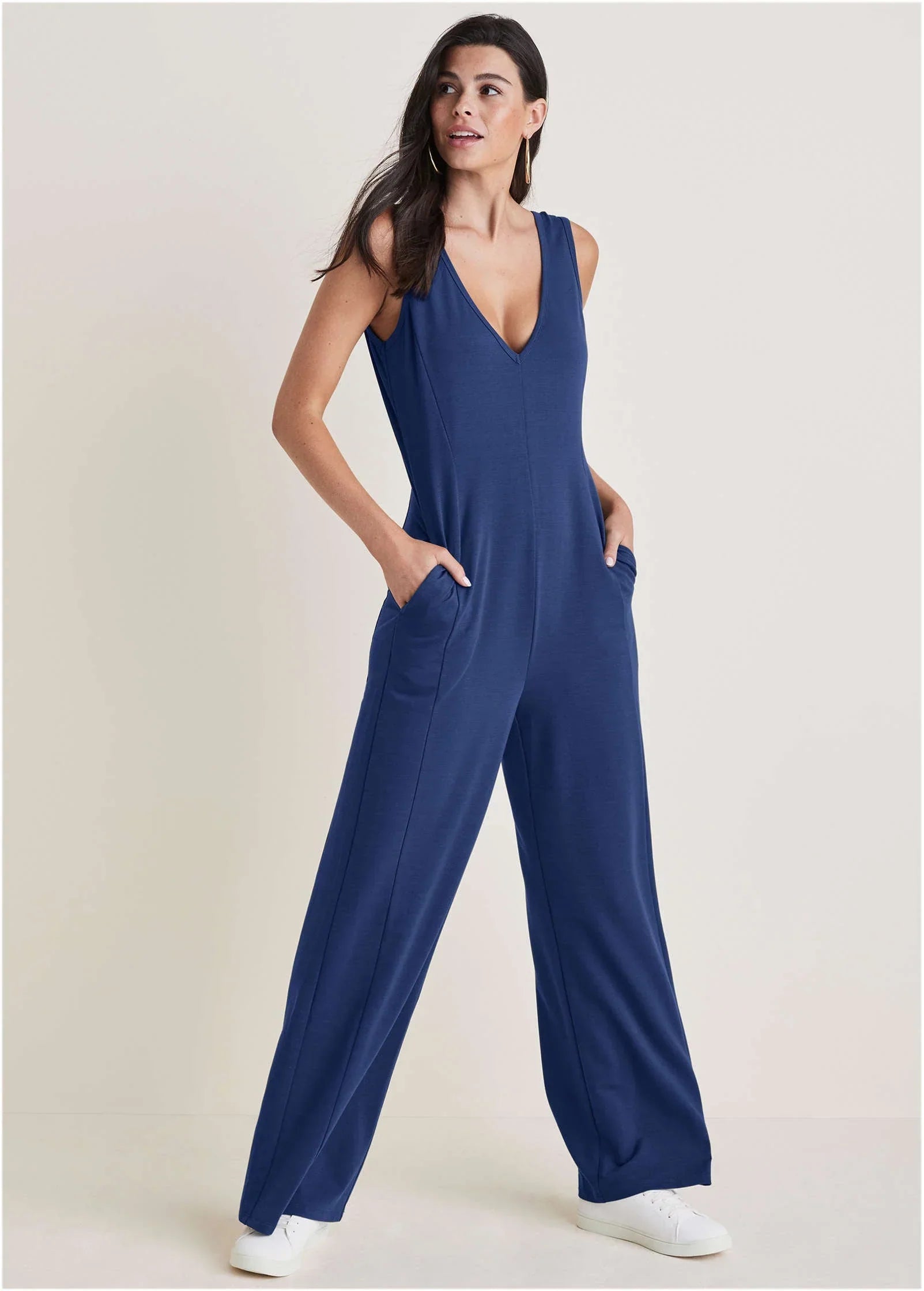 Relaxed V Neck Jumpsuit Dark Blue