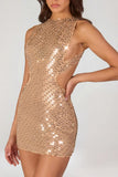 Embellished High Neck Mini Dress in Gold