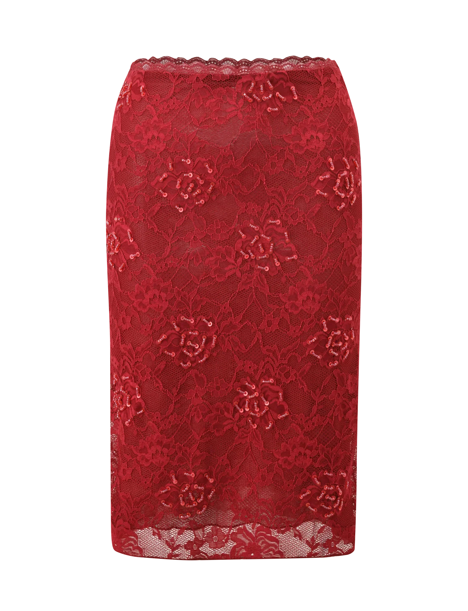 KIRRA BEADED SEQUIN LACE MIDI SKIRT RED