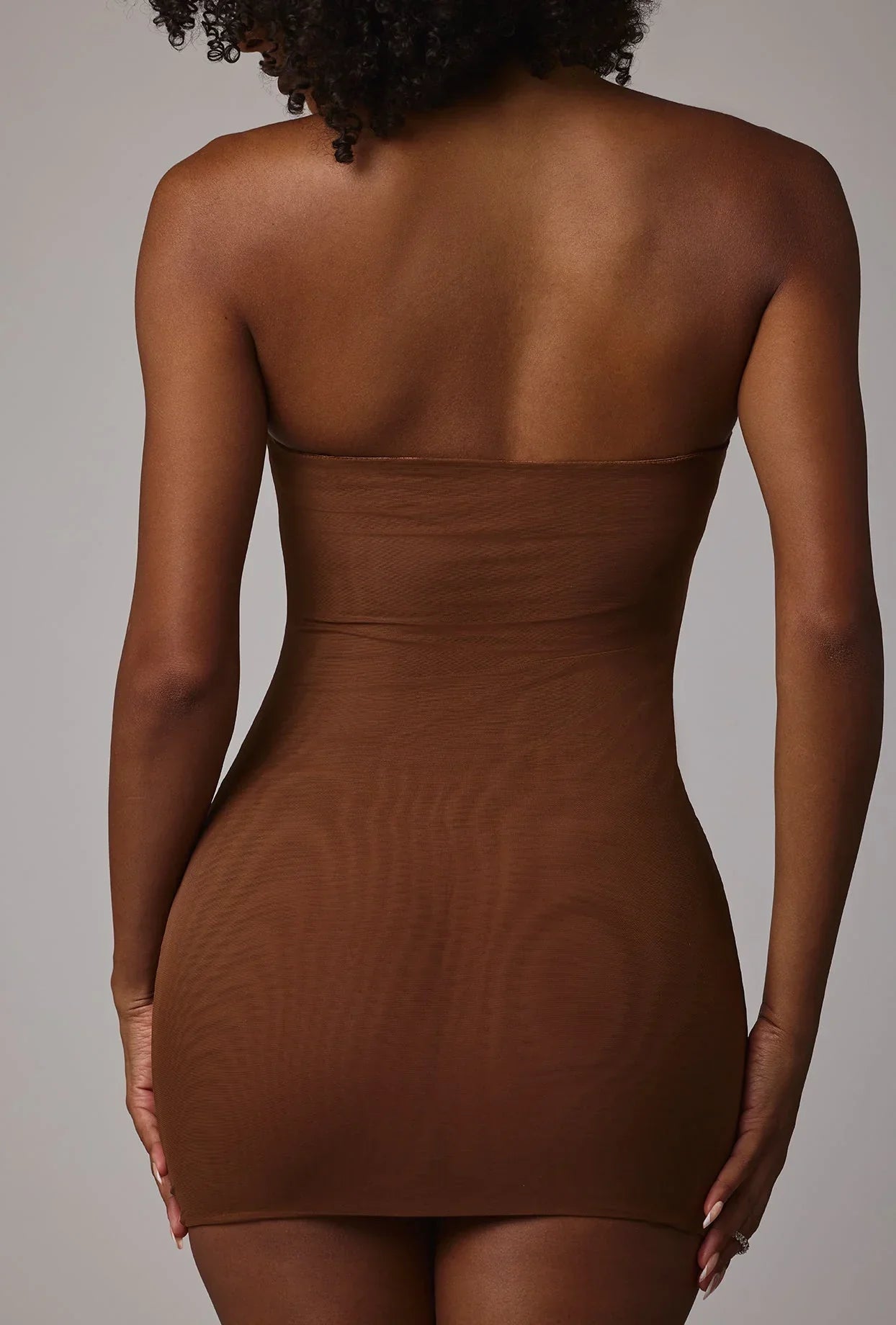Soft Sheer Mesh Bandeau Mini Slip Dress in Mocha