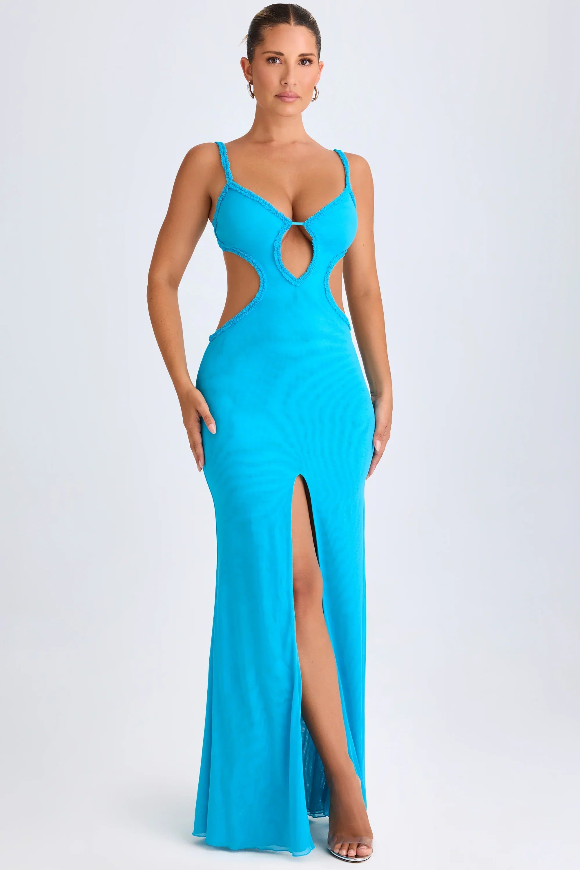 Ruffle Appliqué Cut Out Maxi Dress in Aqua Blue