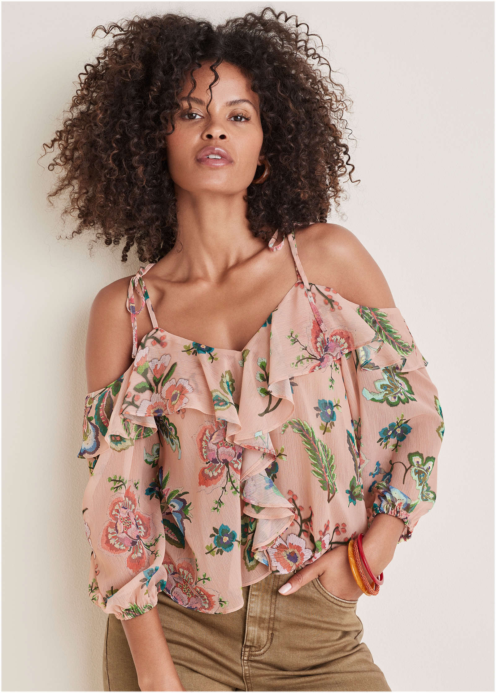 Chiffon Cold Shoulder Top Allover Needlework Floral