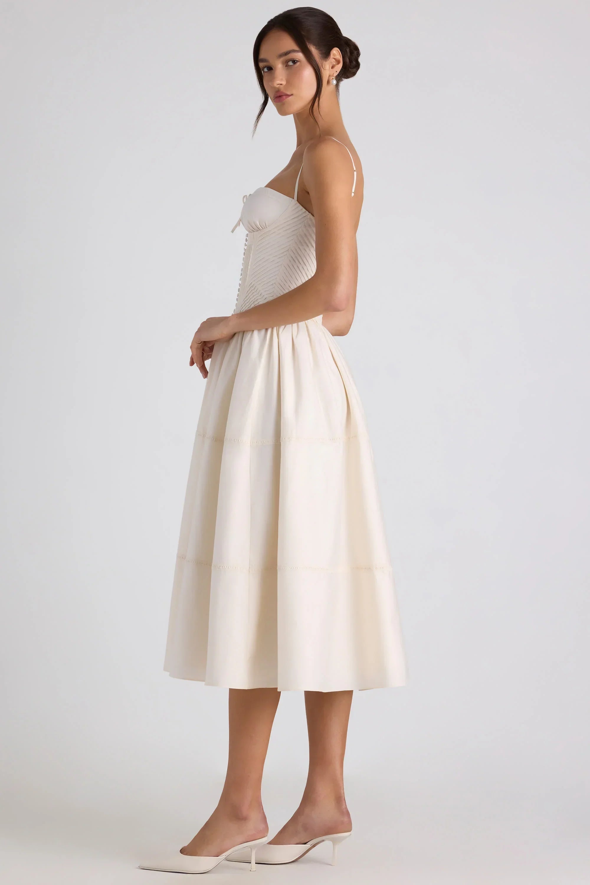 Lace Trim Pintucked Poplin Midaxi Dress in Ivory