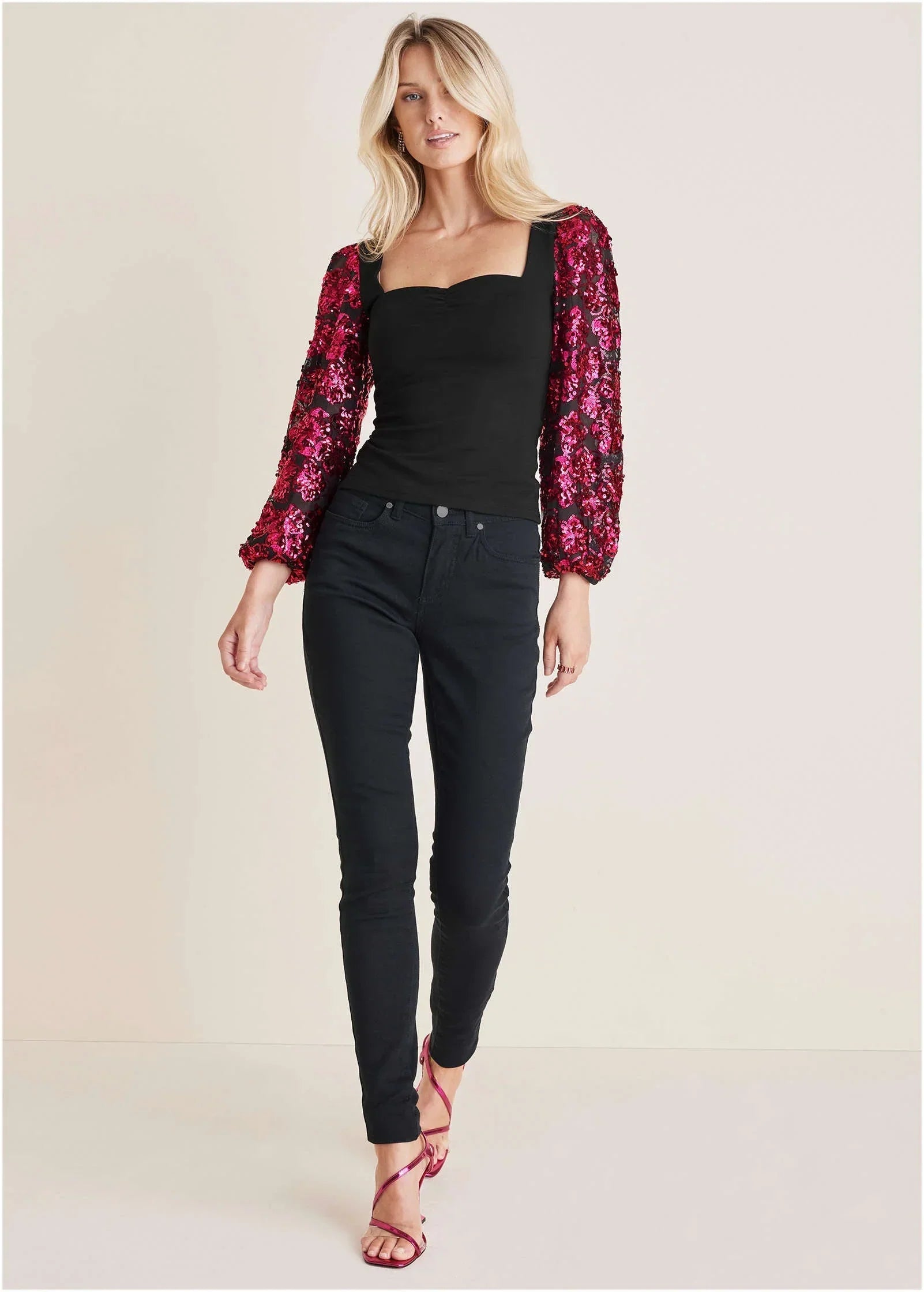 Sheer Sequined Sleeve Top Black Pink
