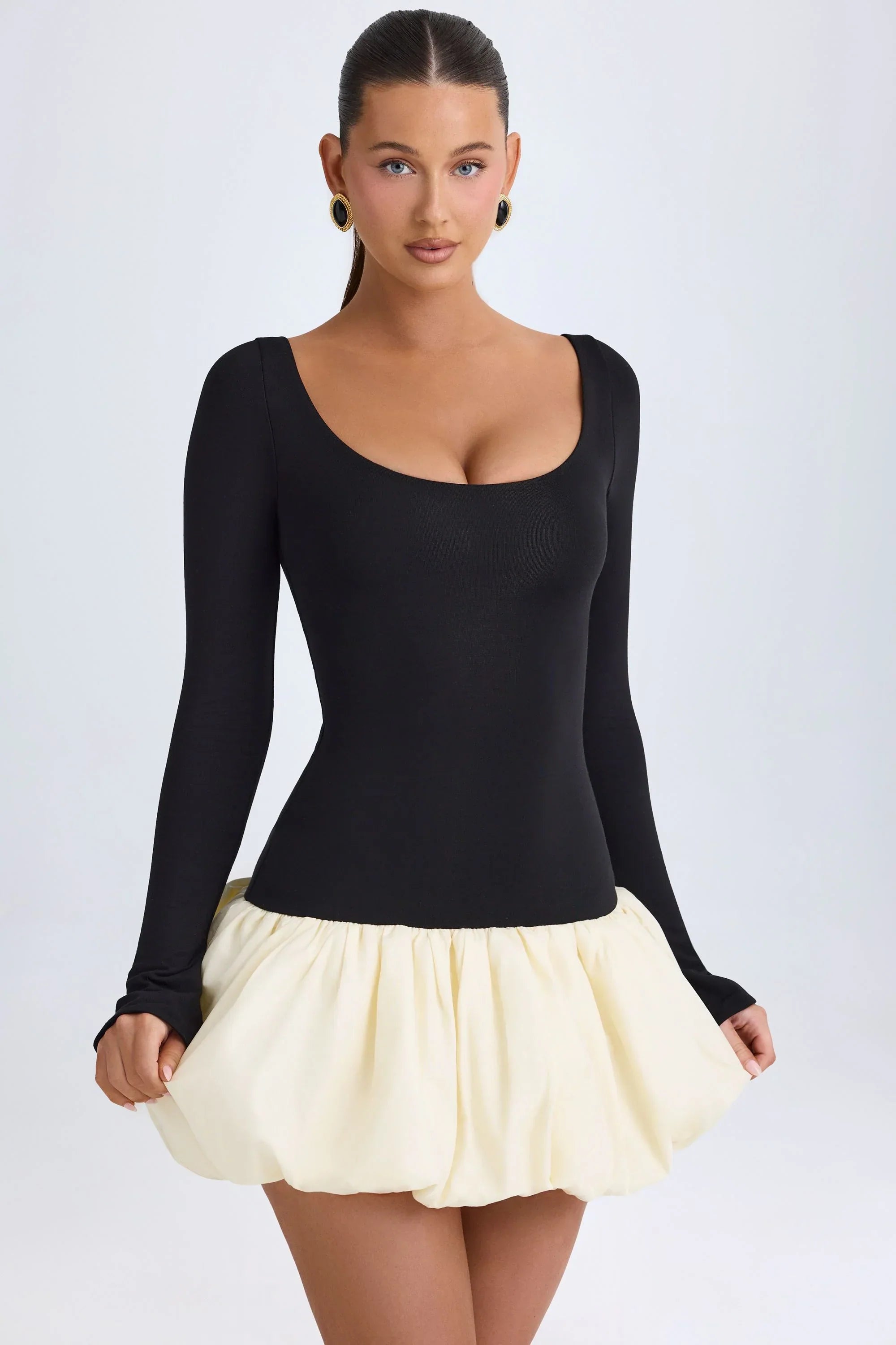 Modal Scoop Neck Drop Waist Bubble Hem Mini Dress in Vanilla