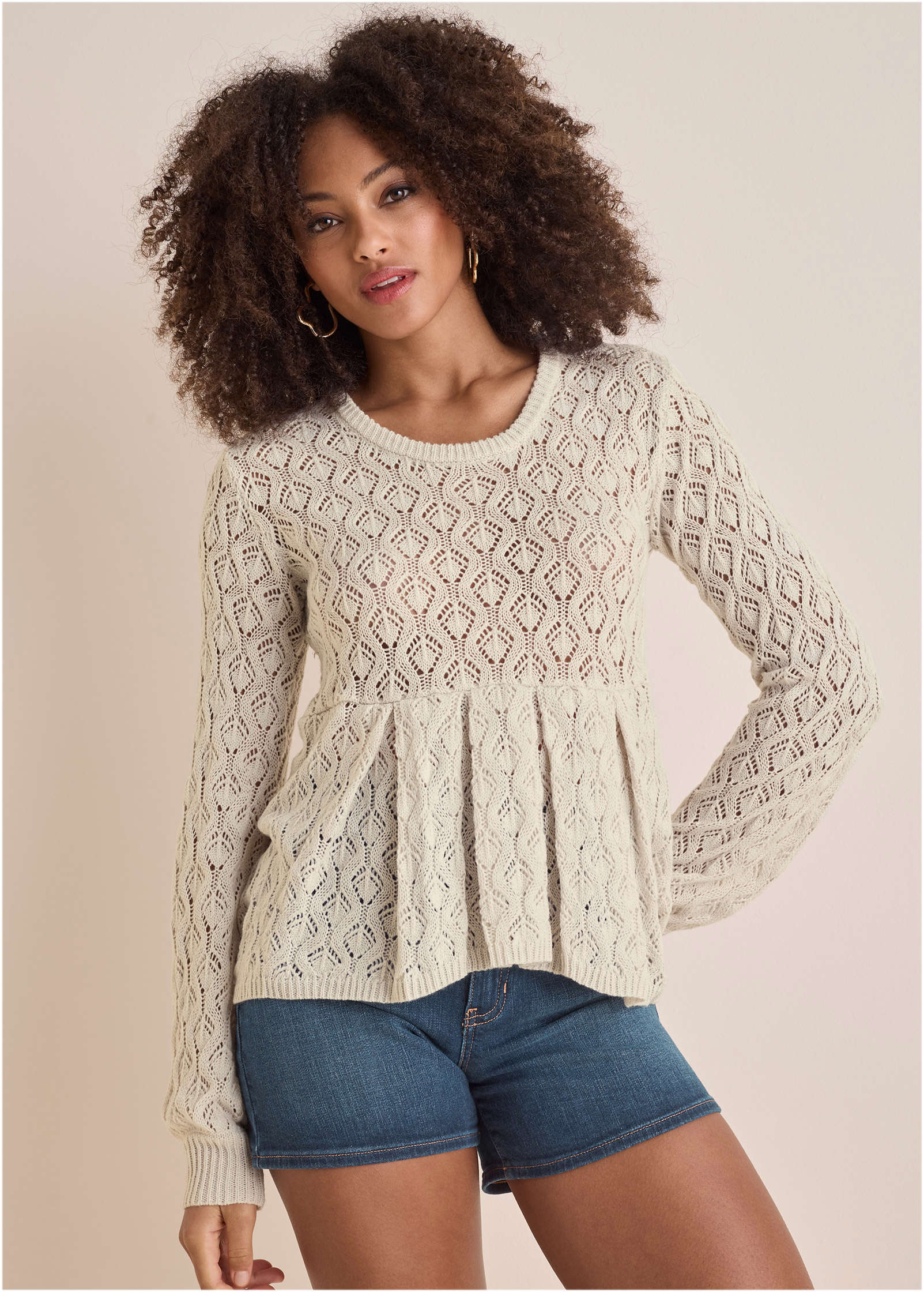 Pointelle Pullover Beige