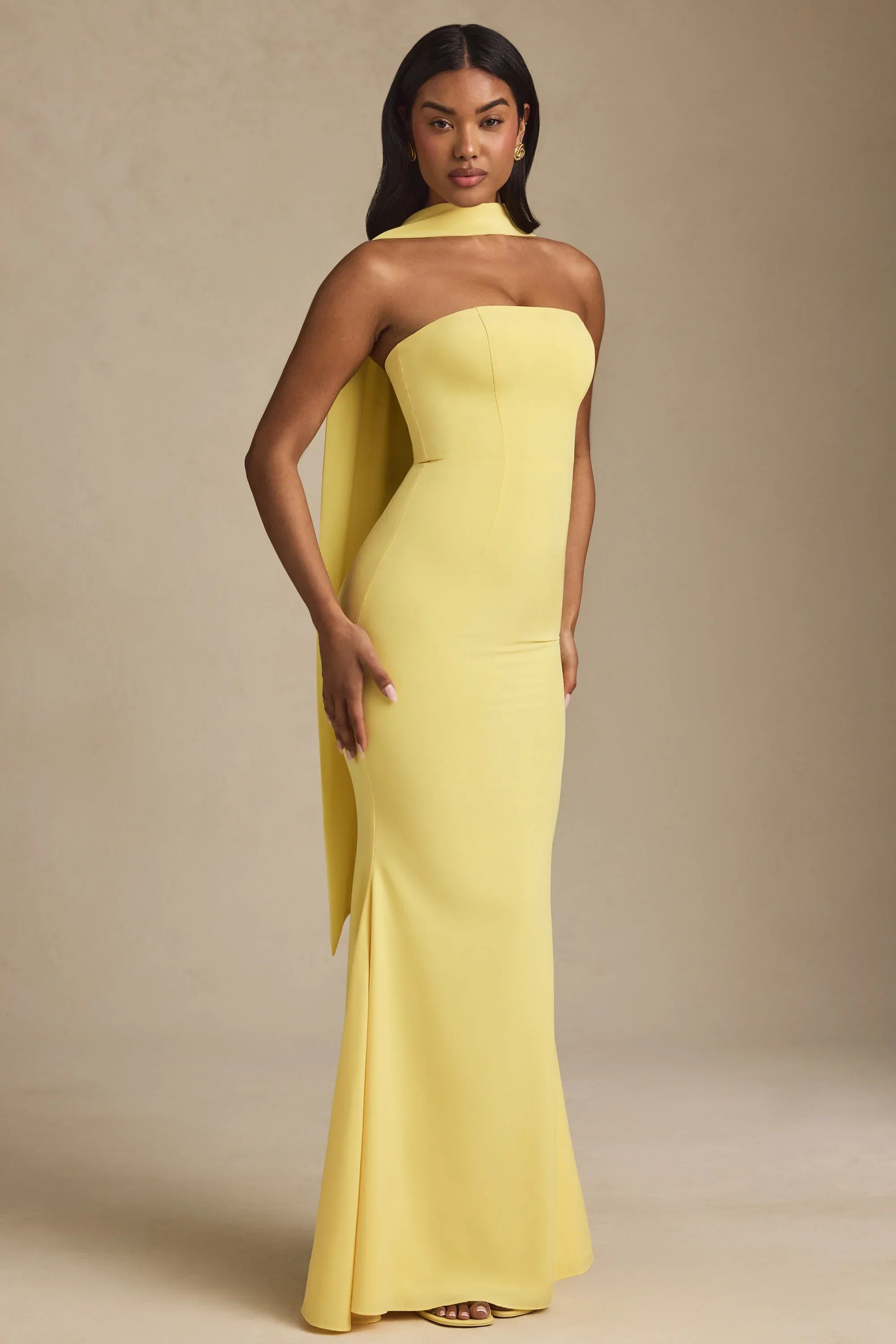 Scarf Detail Strapless Gown in Pastel Yellow
