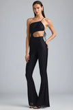 Metallic Ruched Cut Out Flared Jumpsuit in Black