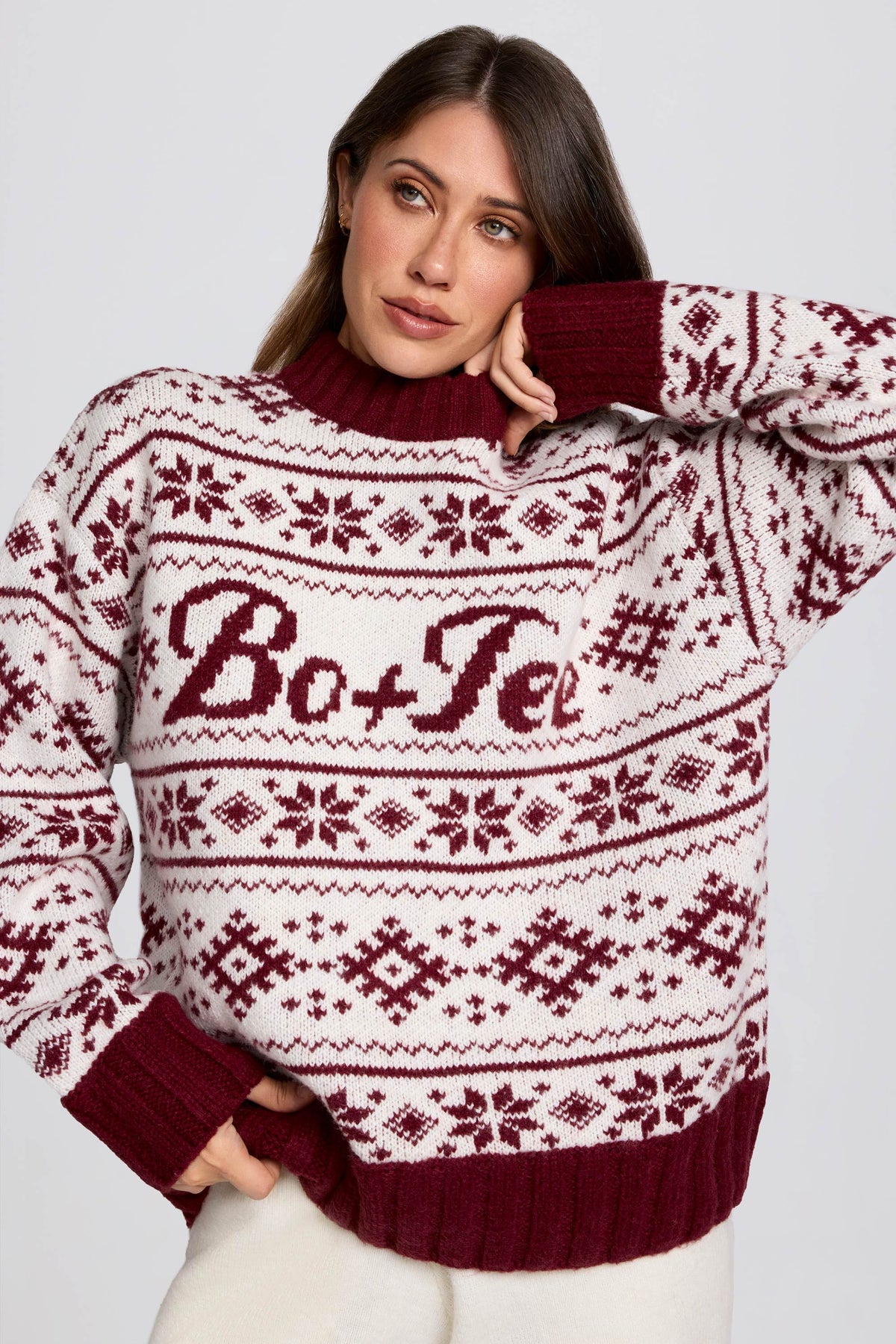 Jacquard Knit Oversized Jumper in Crimson Red