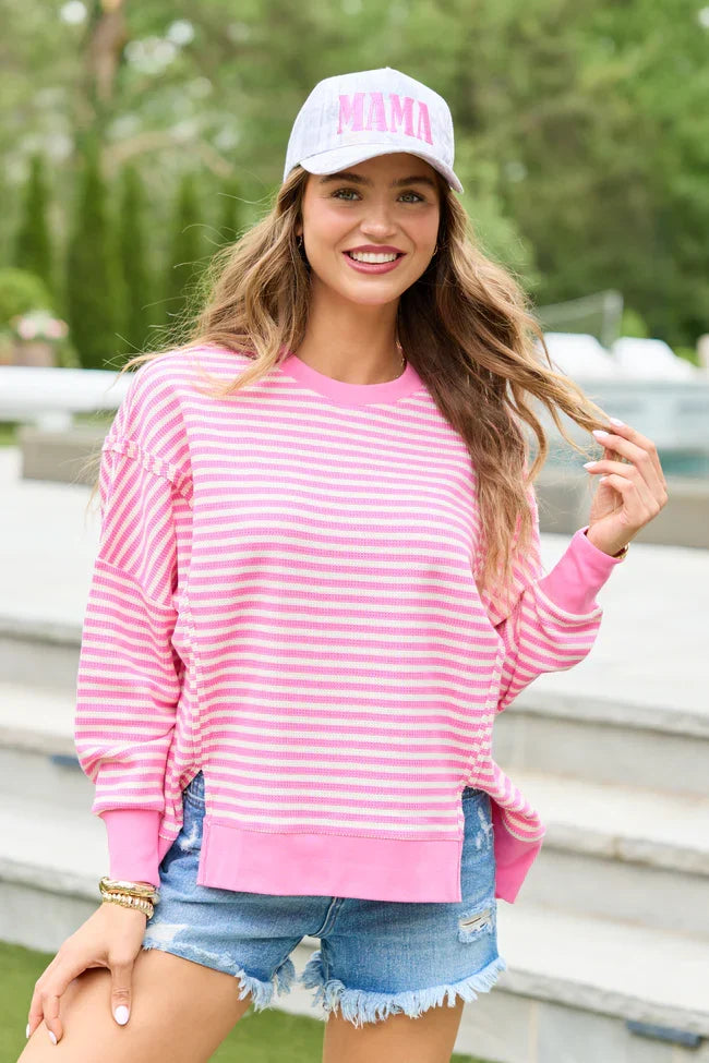 Kara Pink And White Stripe Waffle Pullover