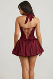 Halterneck Lace Up Bubble Hem Corset Micro Mini Dress in Berry Red