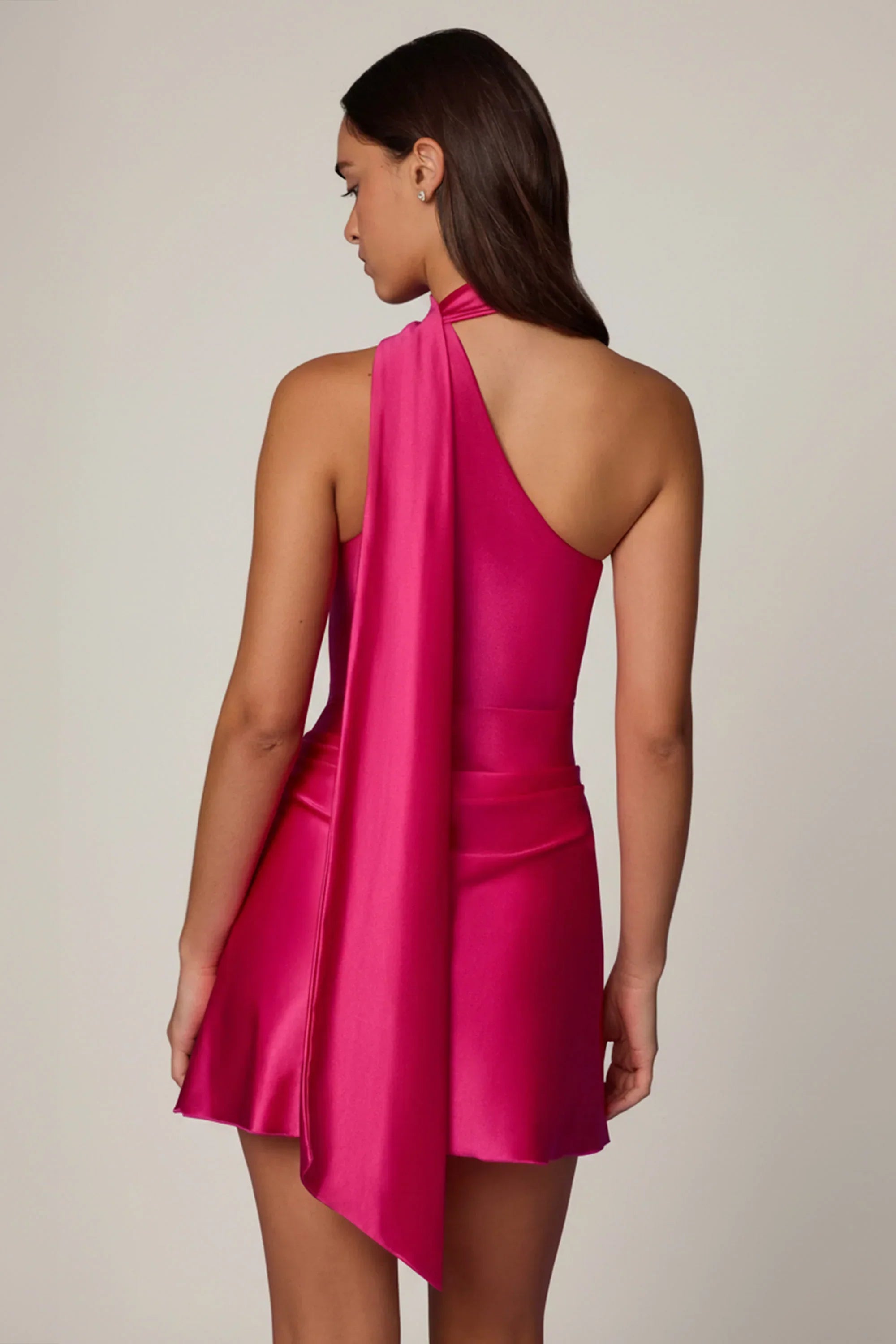 Asymmetric Scarf Detail Mini Dress in Hot Pink