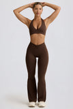 Brushed Jersey Ruched Flared Trousers in Pecan Marl