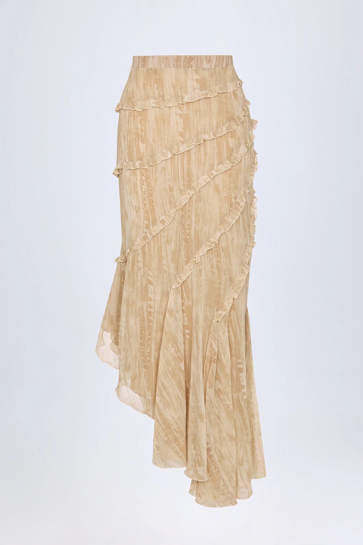 Ruffled Asymmetric Mid Rise Maxi Skirt in Tan Print