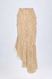 Ruffled Asymmetric Mid Rise Maxi Skirt in Tan Print