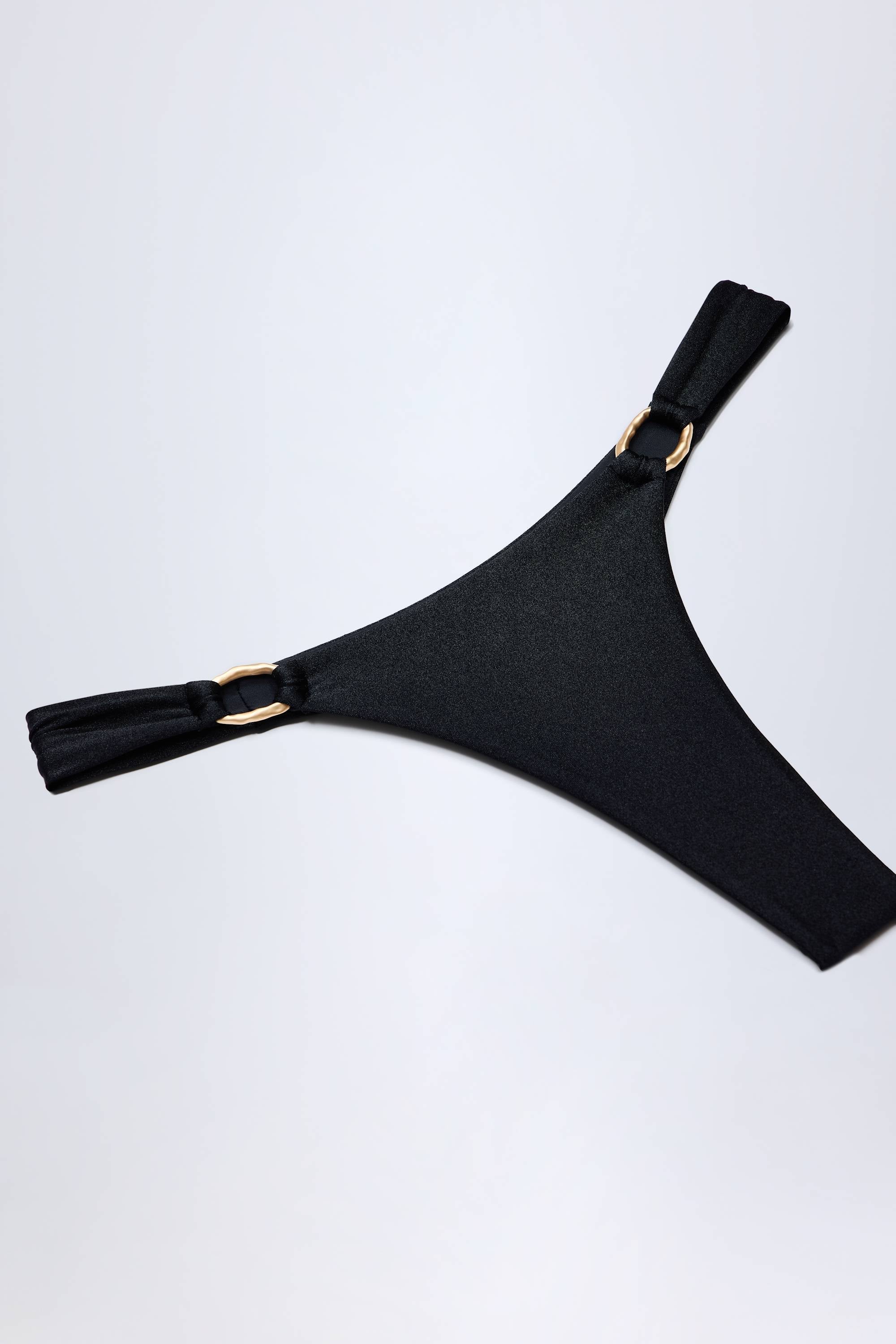 Hardware Detail Thong Bikini Bottoms in Black
